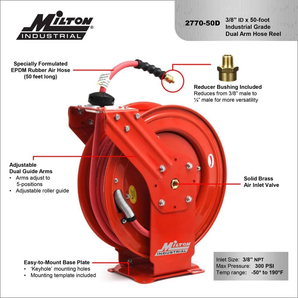 3/8 in. MNPT x 50 ft. Hybrid Rubber Hose - 300 Max PSI, Auto- Retractable Air Hose Reel Steel Dual Arm by Milton 6 3/8 in. MNPT x 50 ft. Hybrid Rubber Hose - 300 Max PSI, Auto- Retractable Air Hose Reel Steel Dual Arm by Milton - Image 4