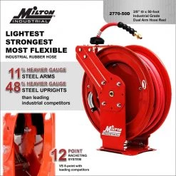 3/8 in. MNPT x 50 ft. Hybrid Rubber Hose - 300 Max PSI, Auto- Retractable Air Hose Reel Steel Dual Arm by Milton 13 3/8 in. MNPT x 50 ft. Hybrid Rubber Hose - 300 Max PSI, Auto- Retractable Air Hose Reel Steel Dual Arm by Milton -Cheap Milton Store milton air hoses 2770 50d 44 1000