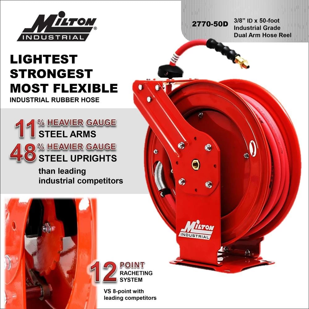 3/8 in. MNPT x 50 ft. Hybrid Rubber Hose - 300 Max PSI, Auto- Retractable Air Hose Reel Steel Dual Arm by Milton 7 3/8 in. MNPT x 50 ft. Hybrid Rubber Hose - 300 Max PSI, Auto- Retractable Air Hose Reel Steel Dual Arm by Milton - Image 5