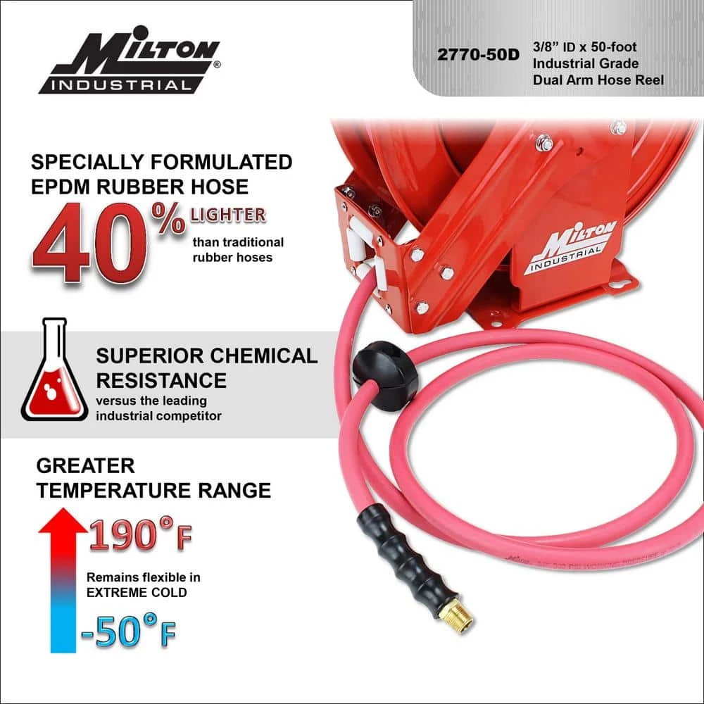 3/8 in. MNPT x 50 ft. Hybrid Rubber Hose - 300 Max PSI, Auto- Retractable Air Hose Reel Steel Dual Arm by Milton 8 3/8 in. MNPT x 50 ft. Hybrid Rubber Hose - 300 Max PSI, Auto- Retractable Air Hose Reel Steel Dual Arm by Milton - Image 6